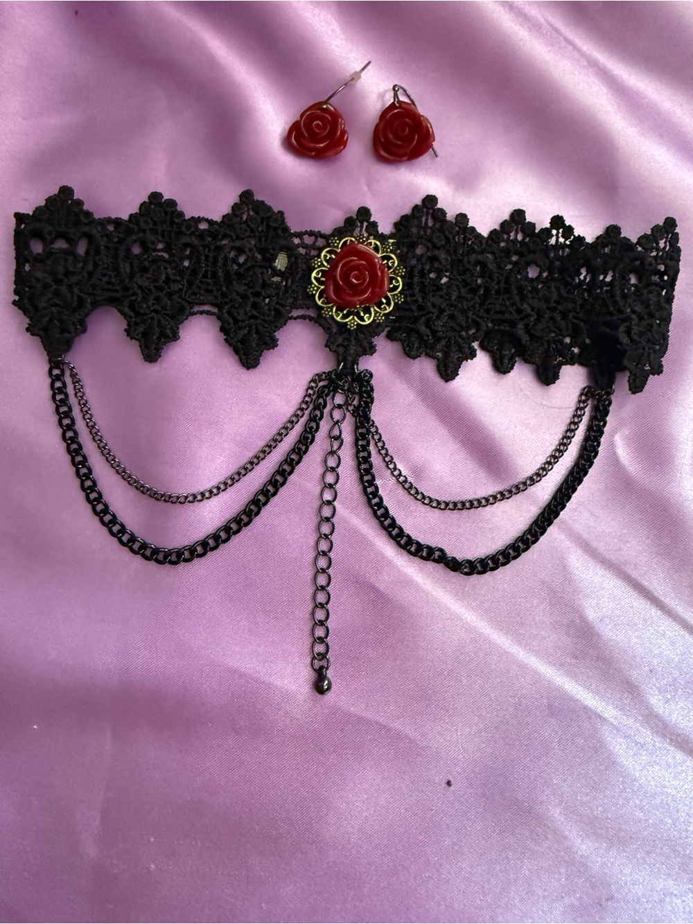 Black Lace Choker with Red Rose Pendant Matching Rose earrings goth Halloween